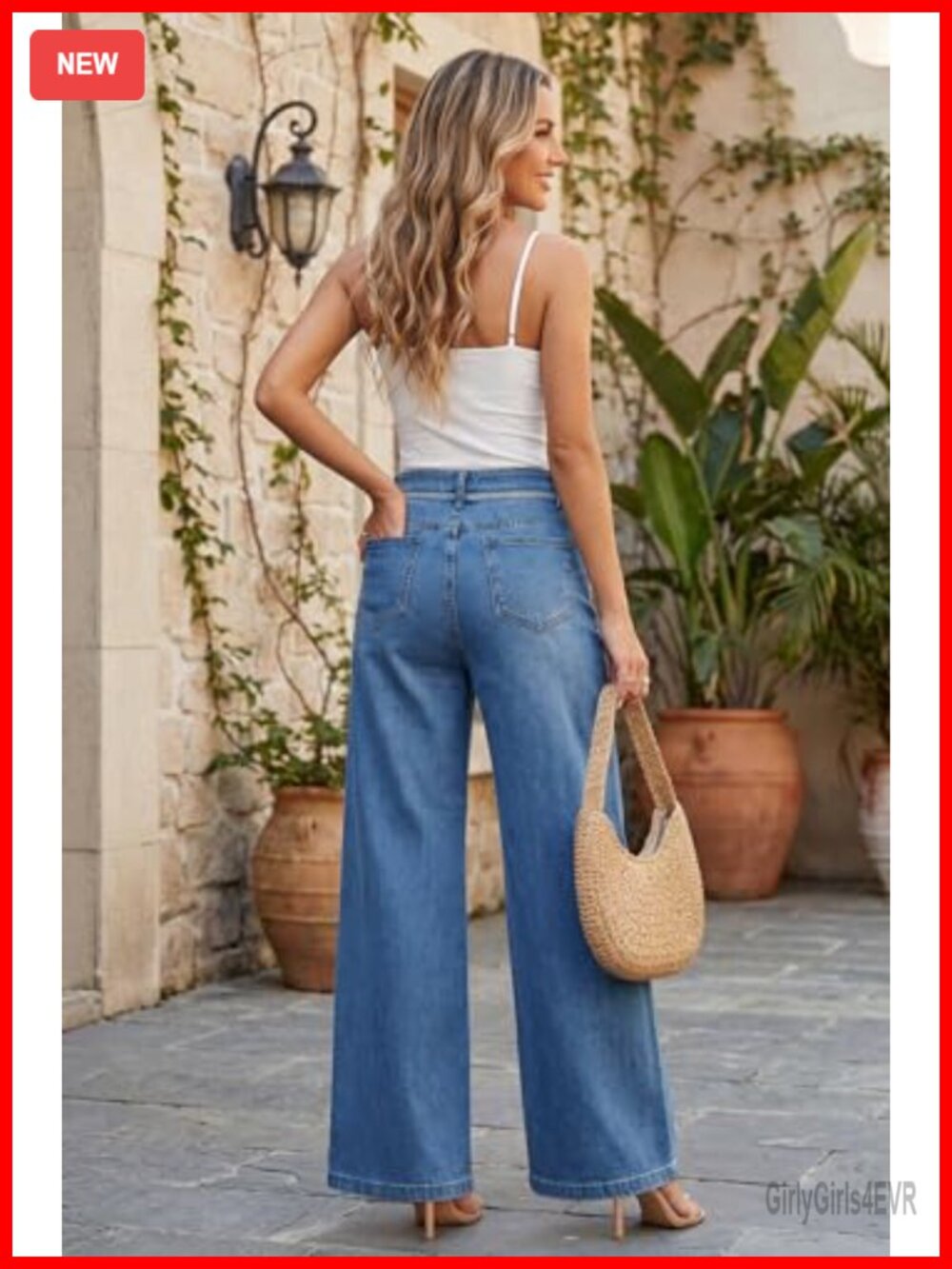 Cotton Blend High Rise Wide Leg Stretchy Denim Jeans with Contrast Seams - Picture 6 of 7